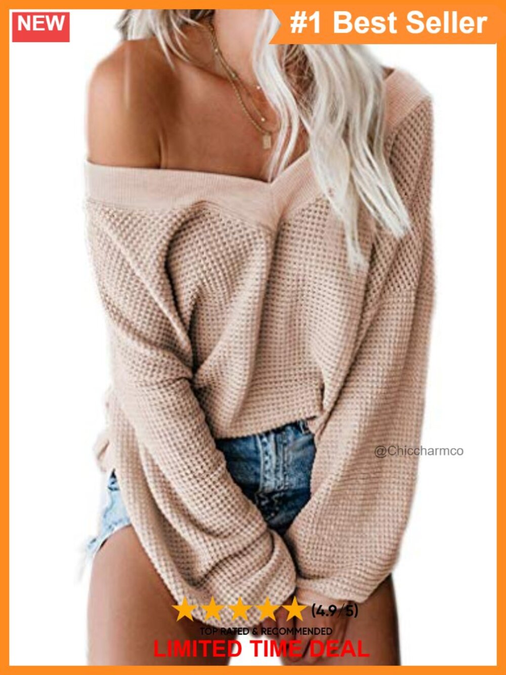 Waffle Knit Off Shoulder V-Neck Pullover Sweater
